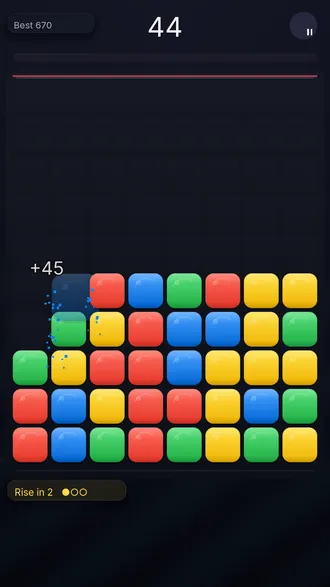 Survival mode board with rising rows and the red danger line